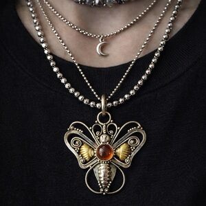 Sterling Silver Amber Moth Pendant 925 Y2K Nicaragua Artisan Boho 1.5”